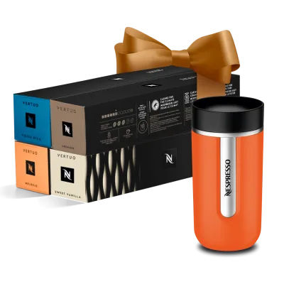 Cápsula Gift suggestion Kit 40 Vertuo Coffees + Orange Travel Mug