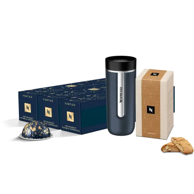 Infiniment Double Espresso Vertuo, Cantuccini and Nomad Travel Mug Pack capsule