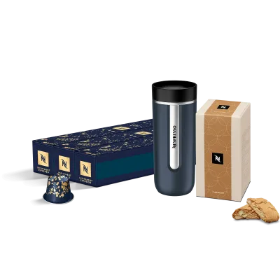 Cápsula Infiniment Espresso Coffee Capsules, Cantuccini Biscuits and Nomad Travel Mug Pack
