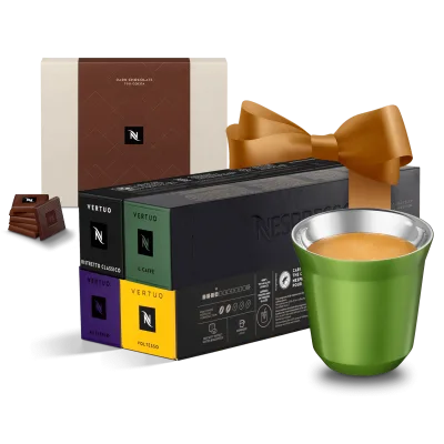 Gift suggestion Kit 40 Vertuo Coffees + Pixie Rio Cup &amp; Dark Chocolate capsule